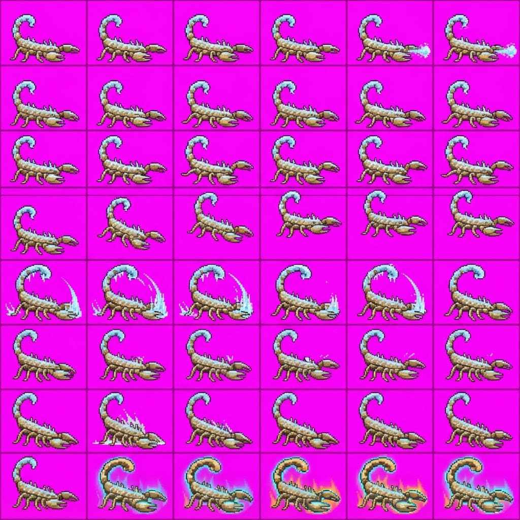 Image: STRICT game sprite animation atlas: EXACTLY 8 rows