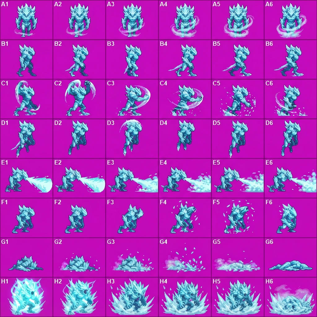 Image: STRICT game sprite animation atlas: EXACTLY 8 rows