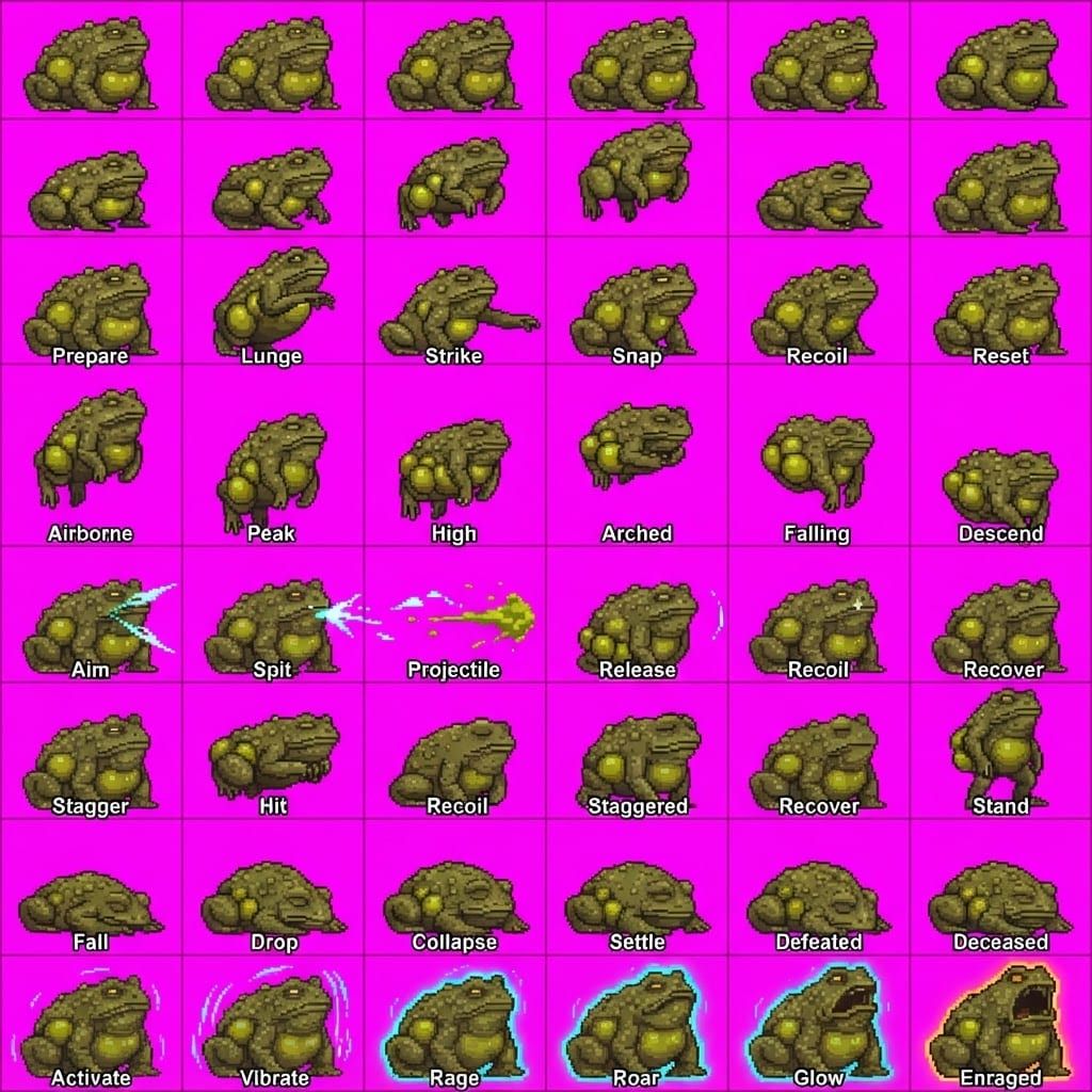 Image: STRICT game sprite animation atlas: EXACTLY 8 rows