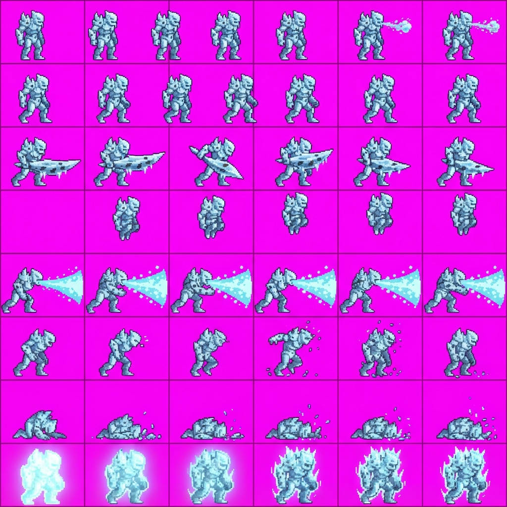 Image: STRICT game sprite animation atlas: EXACTLY 8 rows