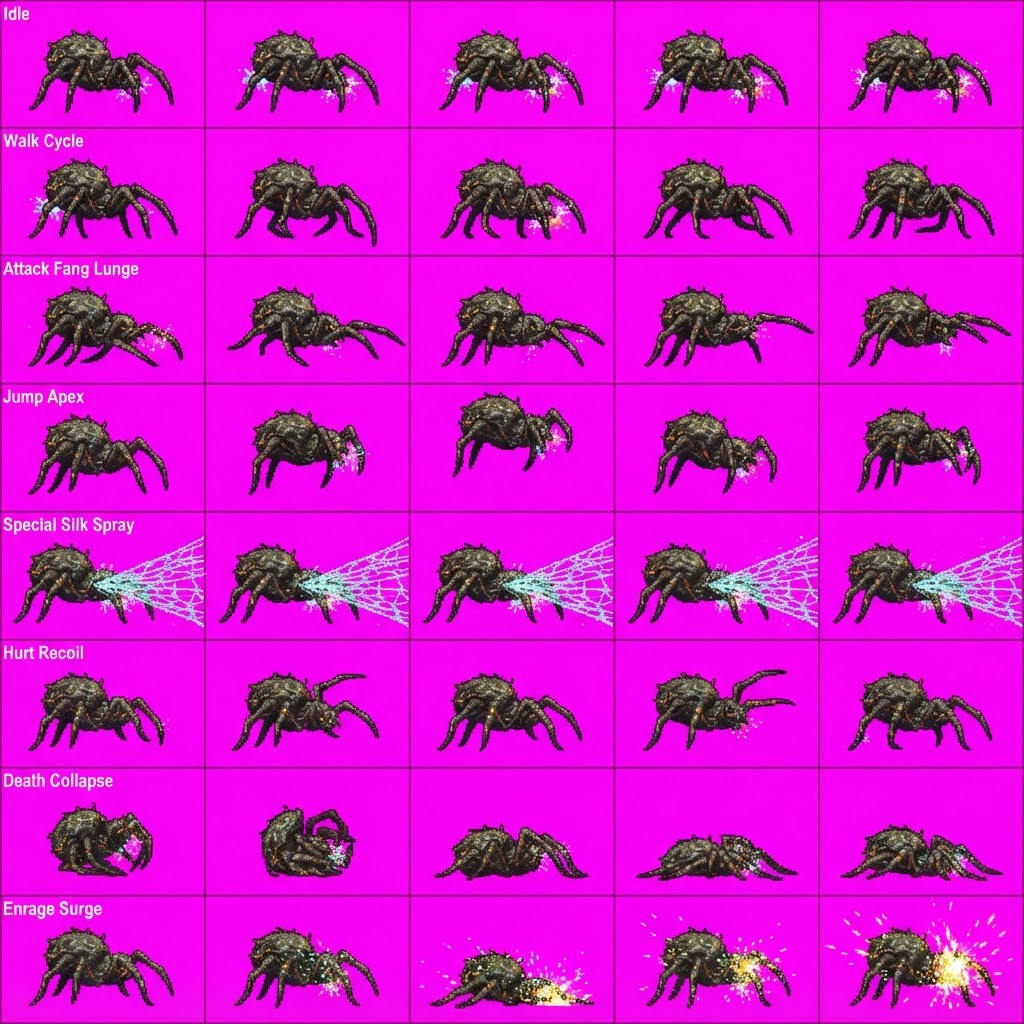 Image: STRICT game sprite animation atlas: EXACTLY 8 rows