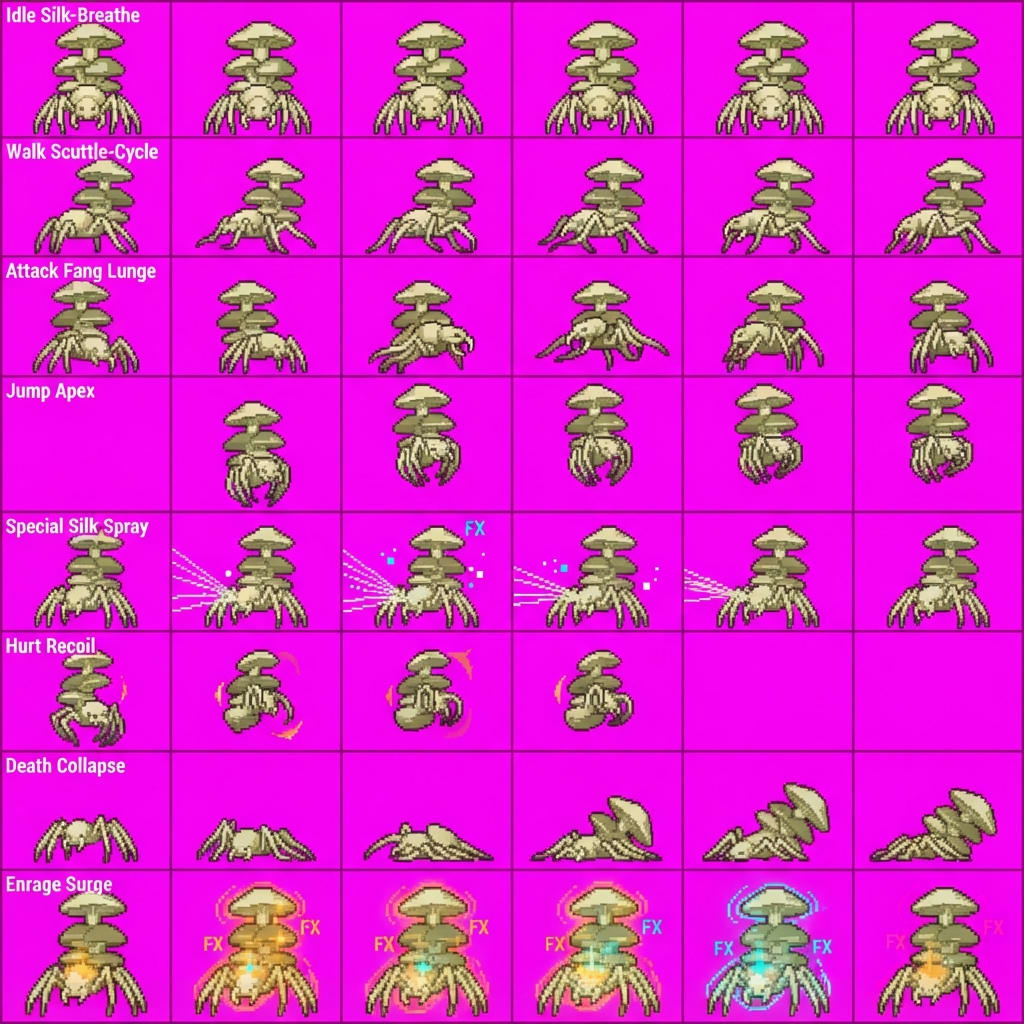 Image: STRICT game sprite animation atlas: EXACTLY 8 rows