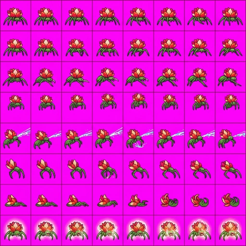 Image: STRICT game sprite animation atlas: EXACTLY 8 rows
