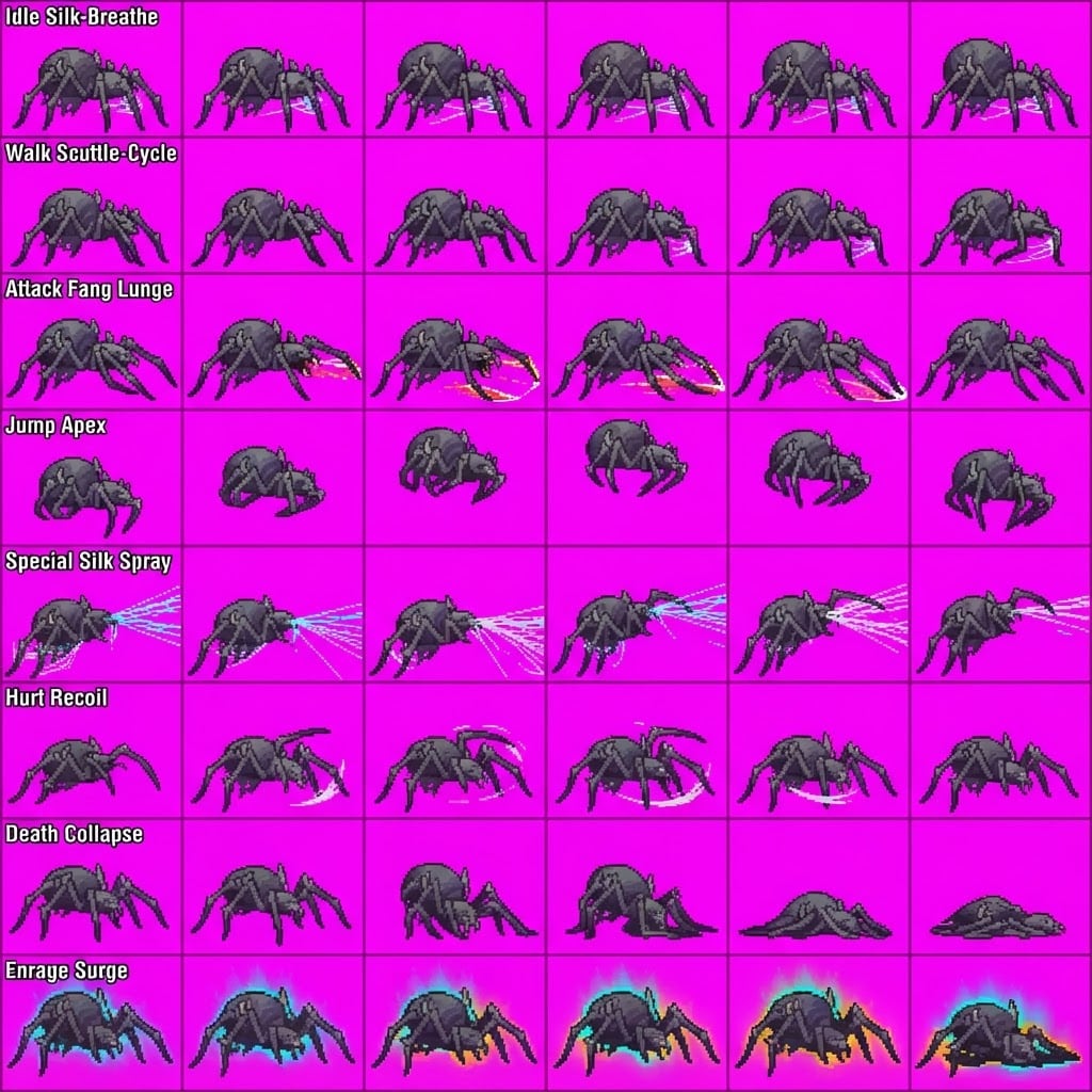 Image: STRICT game sprite animation atlas: EXACTLY 8 rows