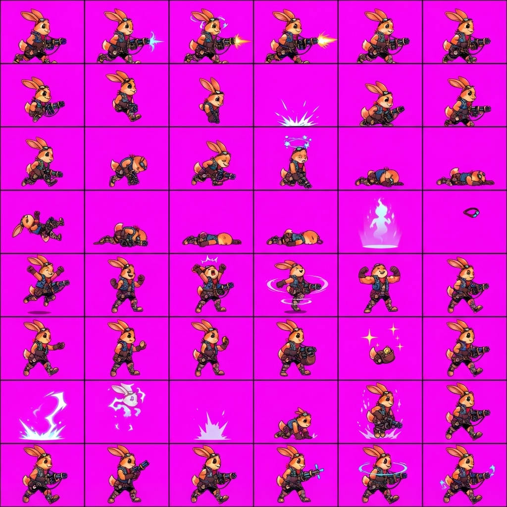 Image: STRICT game sprite animation atlas: EXACTLY 8 rows