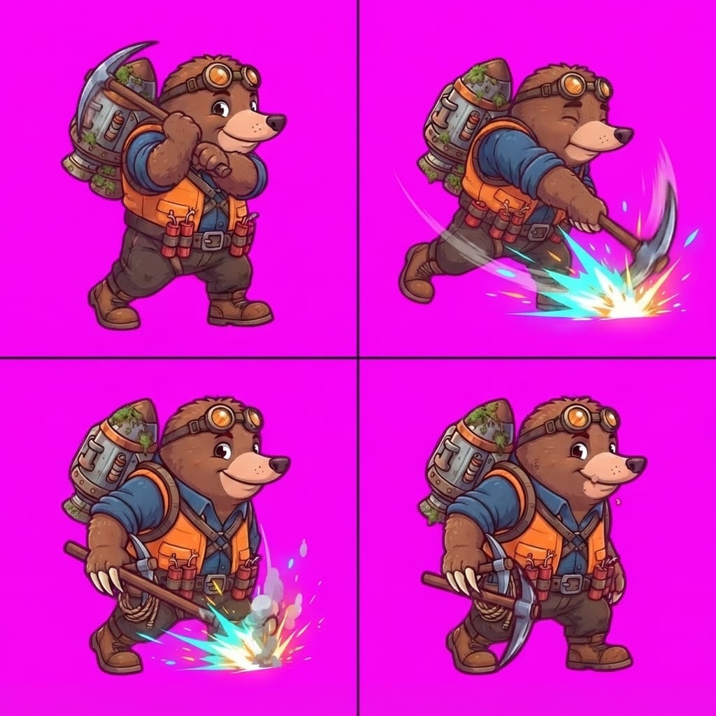 Image: STRICT game sprite animation atlas: EXACTLY 2x2 eq