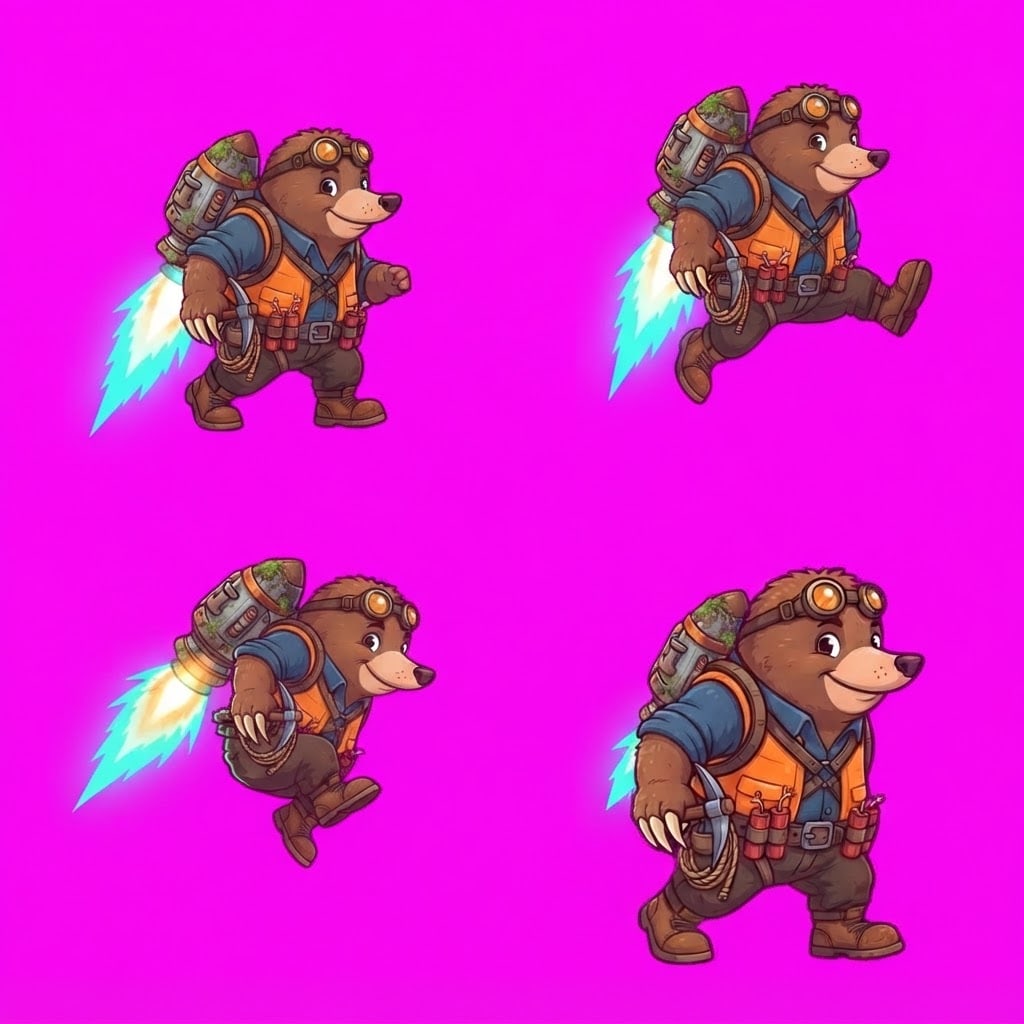 Image: STRICT game sprite animation atlas: EXACTLY 2x2 eq