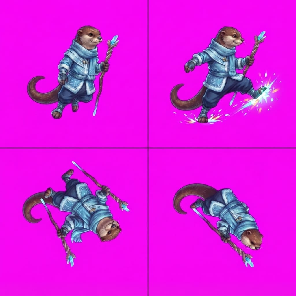 Image: STRICT game sprite animation atlas: EXACTLY 2x2 eq