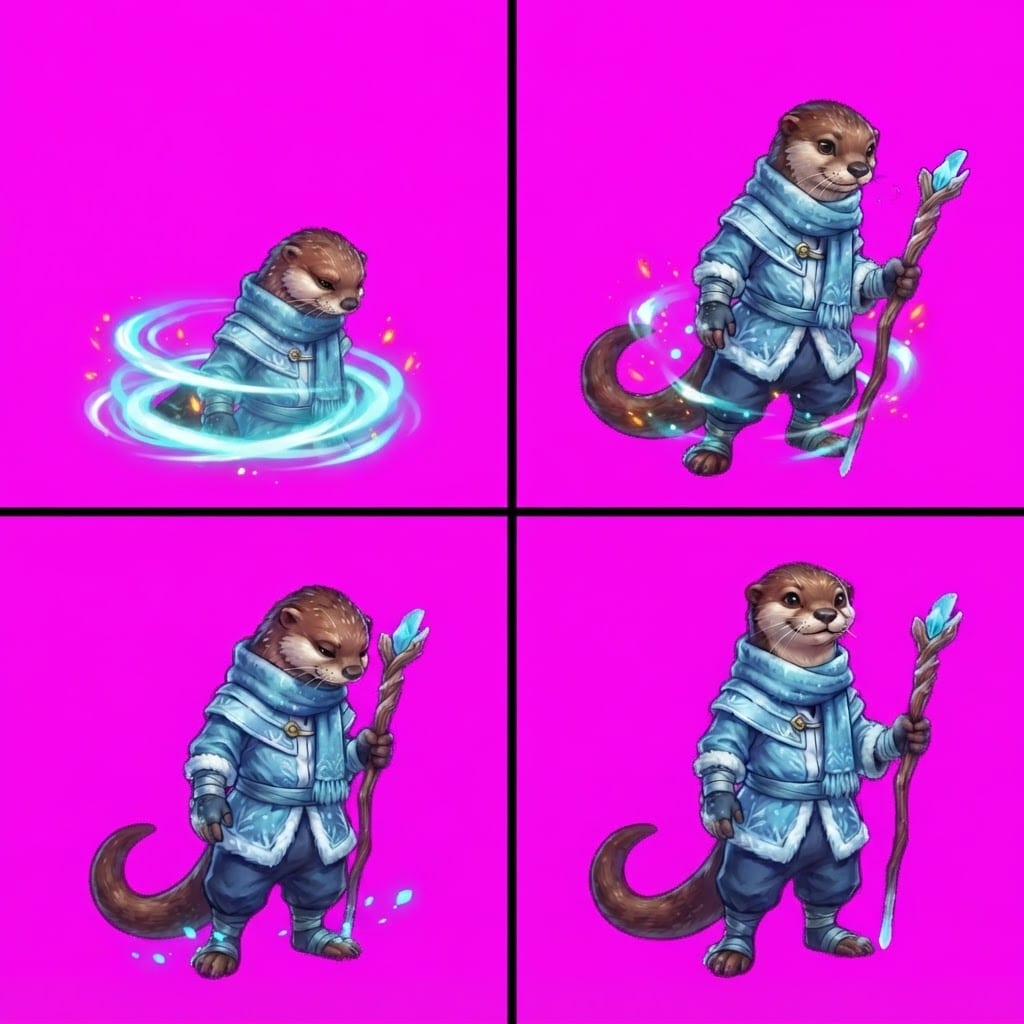 Image: STRICT game sprite animation atlas: EXACTLY 2x2 eq