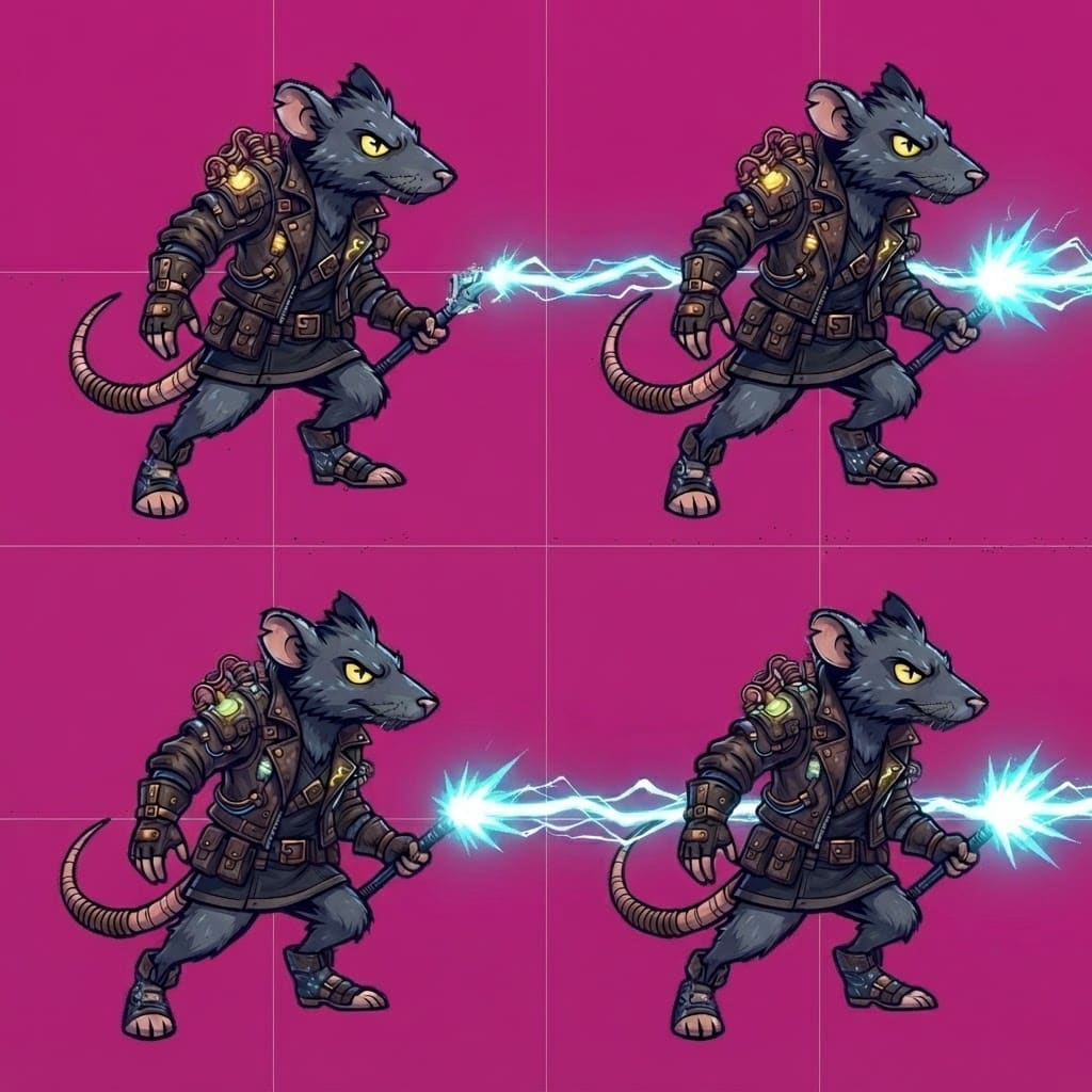 Image: STRICT 2x2 sprite atlas magenta BG. ONE action: sh