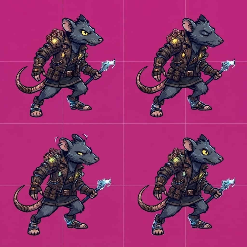 Image: STRICT 2x2 sprite atlas magenta BG. ONE action: id