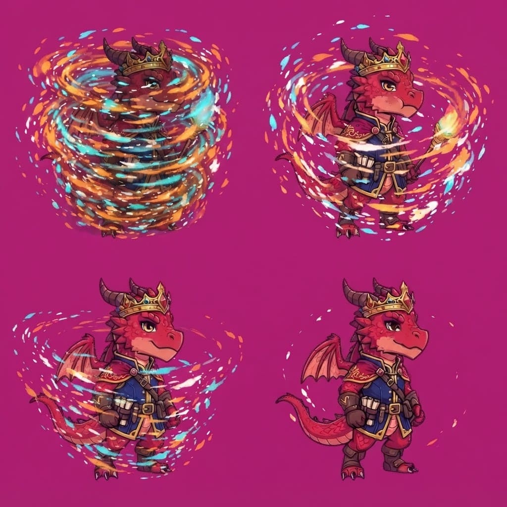 Image: STRICT 2x2 magenta atlas. ONE action: spawn — mate