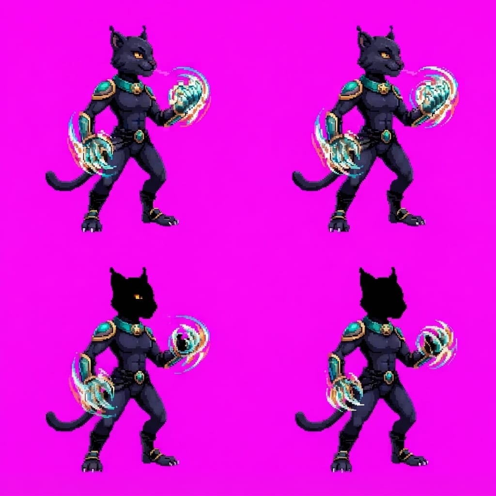 Image: STRICT 2x2 sprite atlas on solid magenta #FF00FF (
