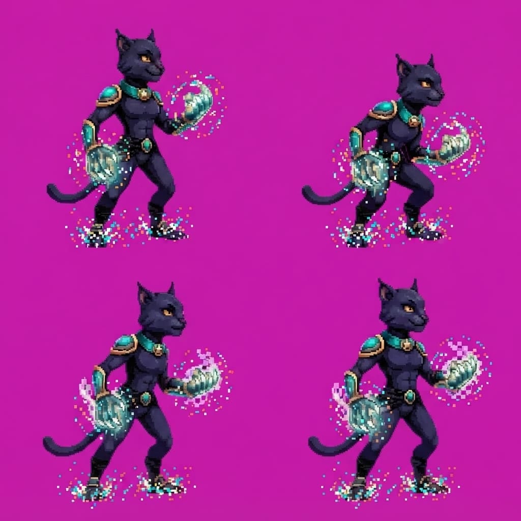 Image: STRICT 2x2 magenta atlas. ONE action: hover — floa