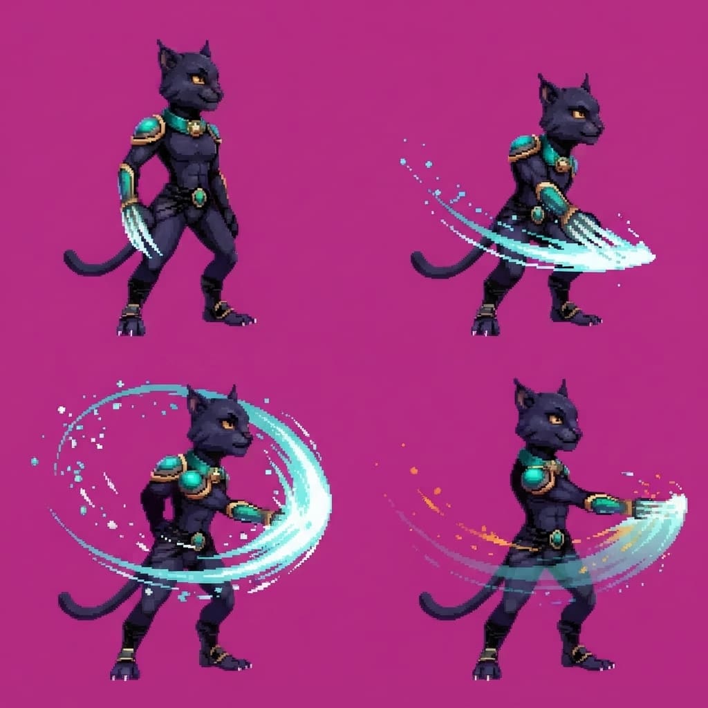 Image: STRICT 2x2 magenta atlas. ONE action: melee — claw