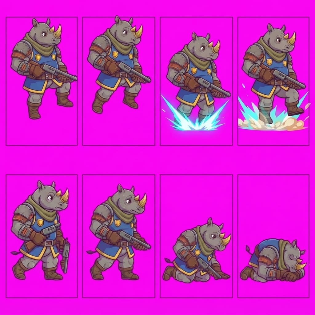 Image: STRICT game sprite animation atlas: EXACTLY 2 rows
