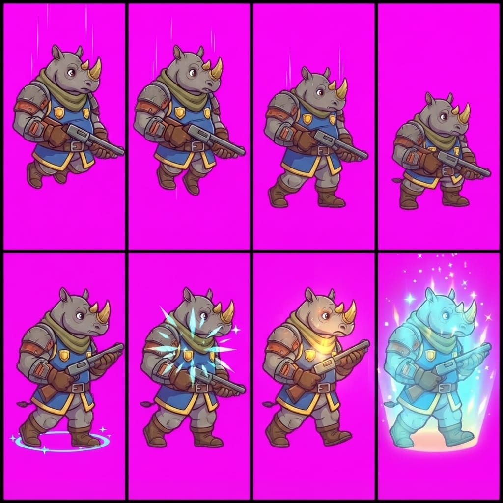 Image: STRICT game sprite animation atlas: EXACTLY 2 rows