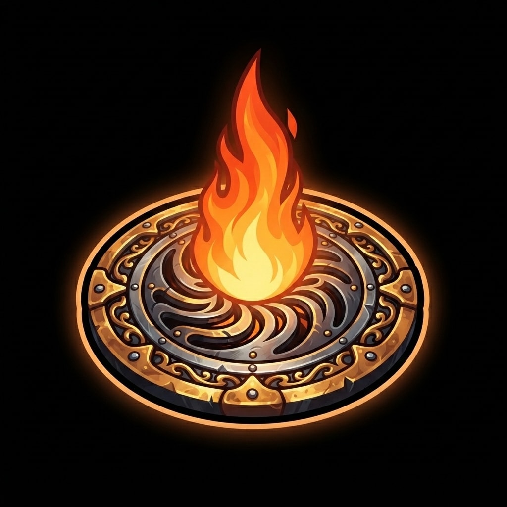 Image: Codex prop icon on pure black void. Flame vent gra