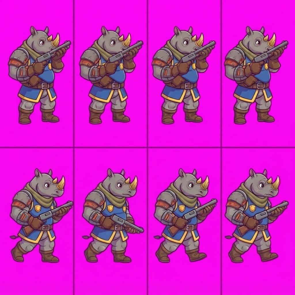 Image: STRICT game sprite animation atlas: EXACTLY 2 rows