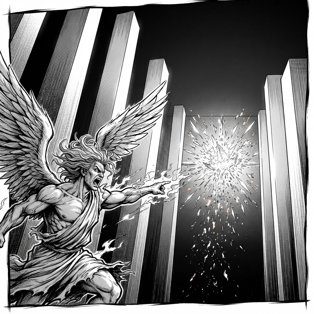 Image: Black and white Japanese manga panel, ink illustra