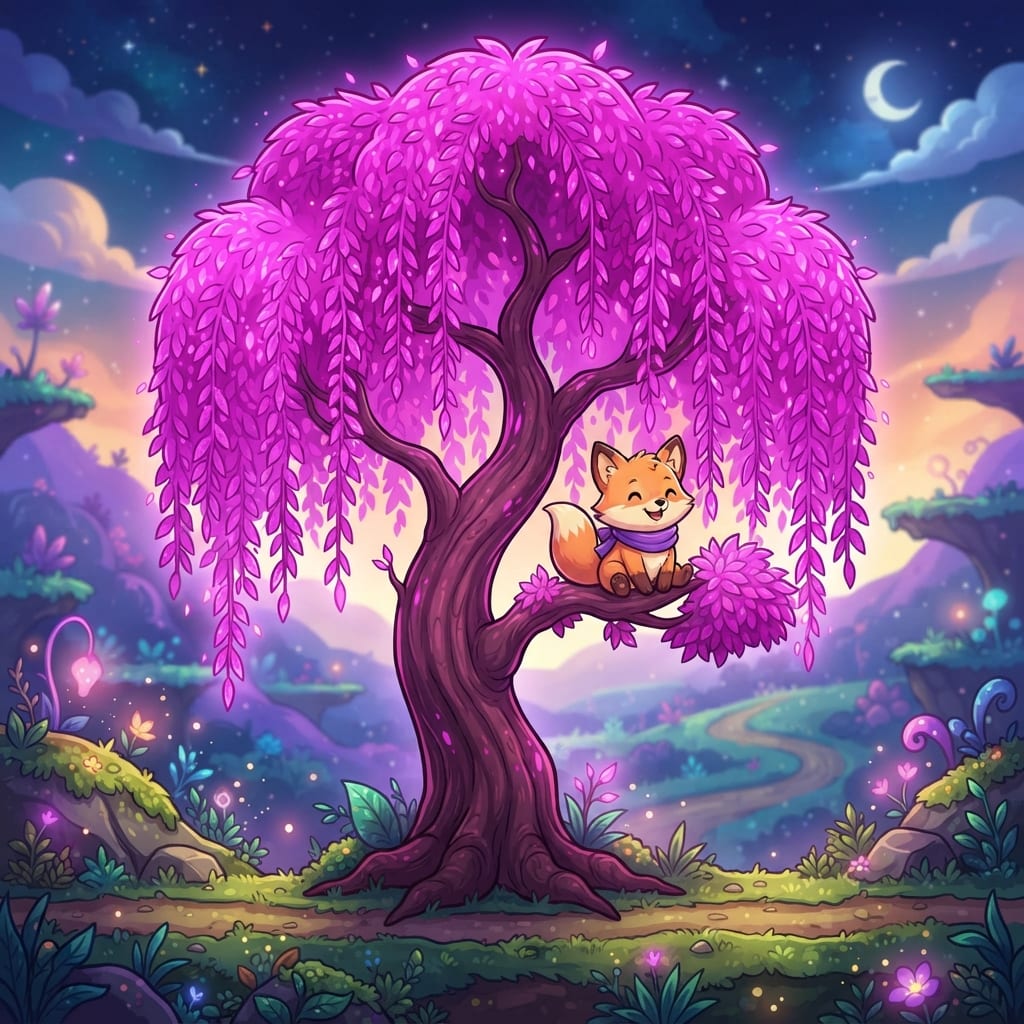 Image: Single tall landmark game prop: willow-like tree w