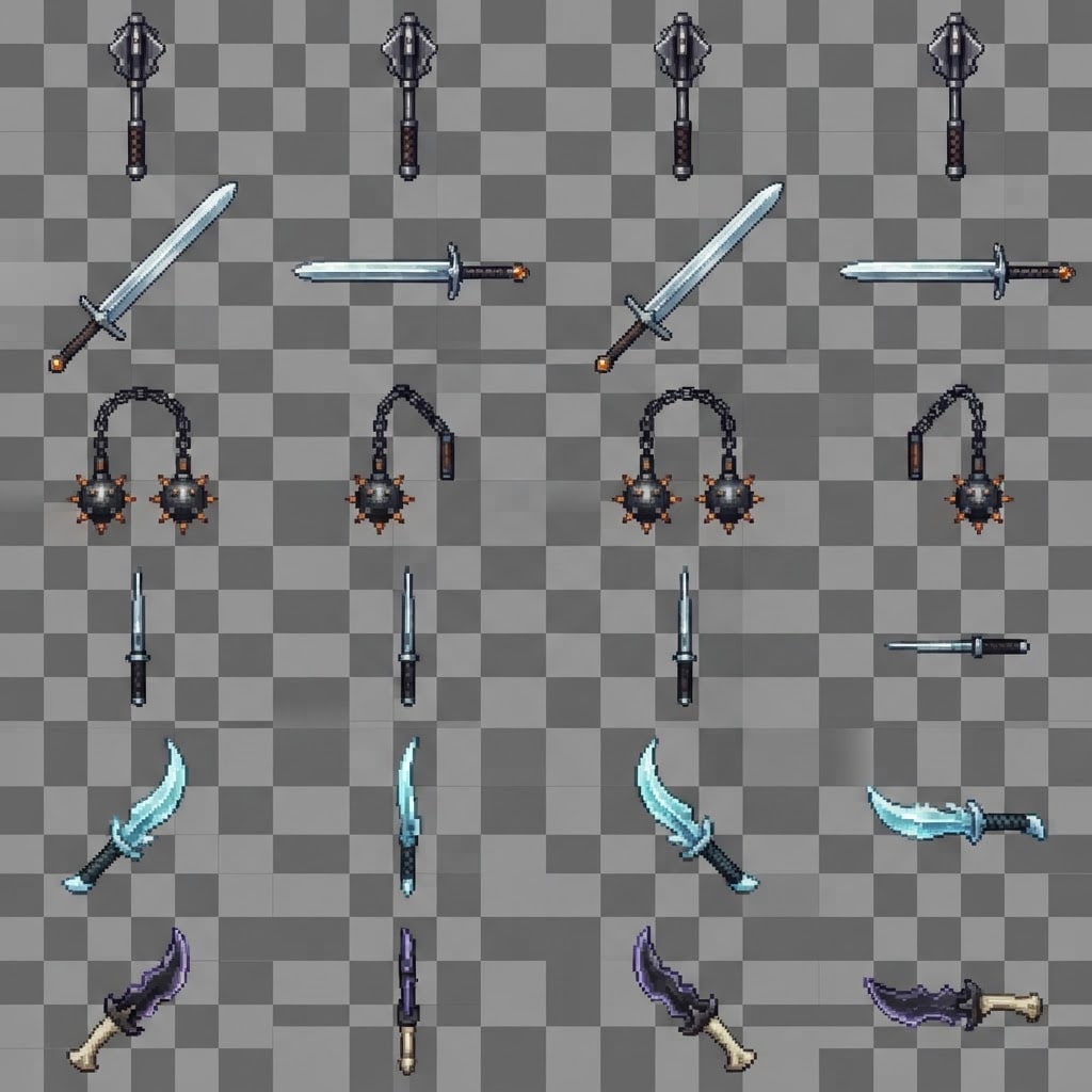 Image: A pixel-art sprite sheet of SIX FANTASY WEAPONS, i
