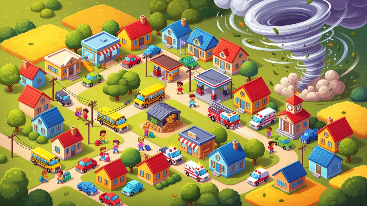 Colony Clock Tornado Evacuation Town Concept