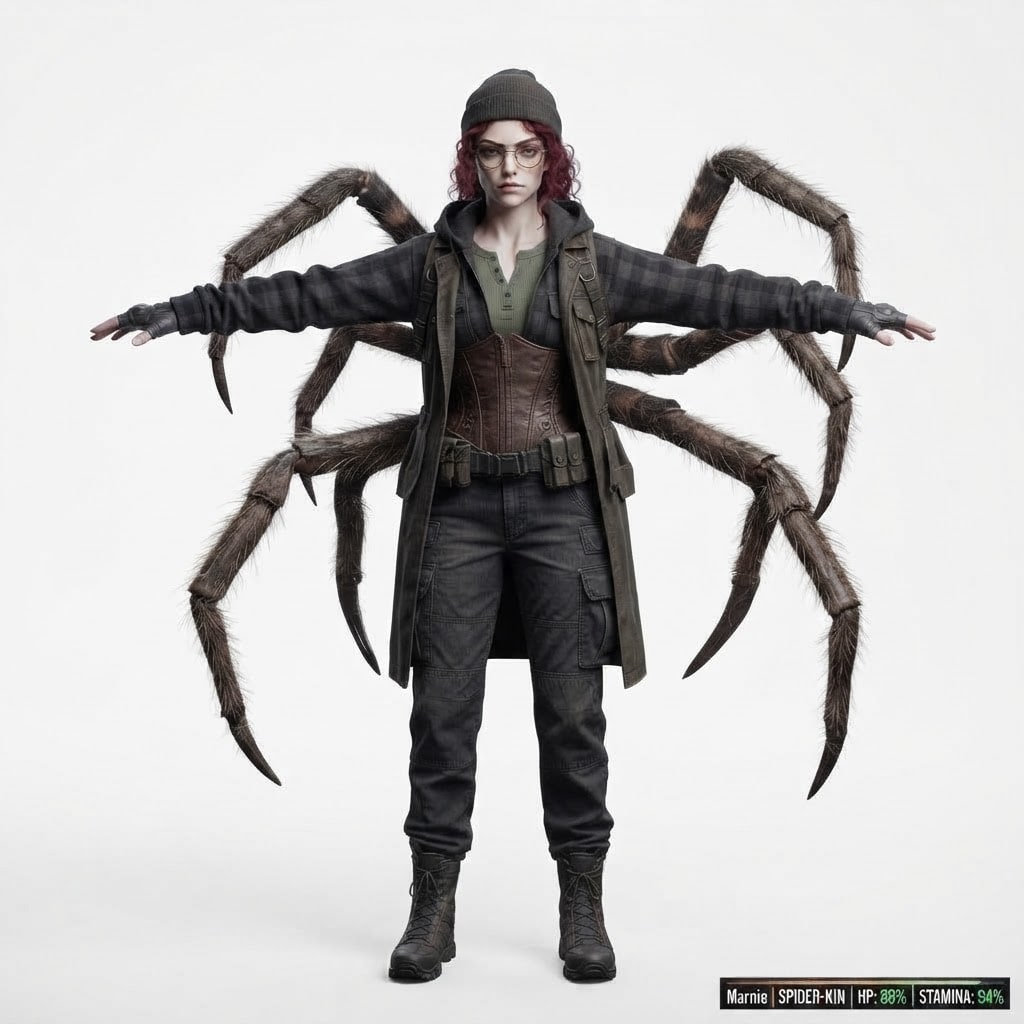 Marnie is supposed to be in tomboyish civilian clothes. Her spider legs are also not mechanical, but biologically spider limbs.