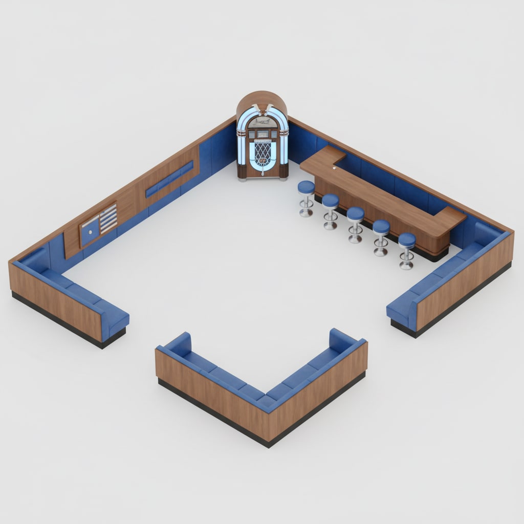 Image: Isolated sparse axis-aligned 1950s-inspired lounge