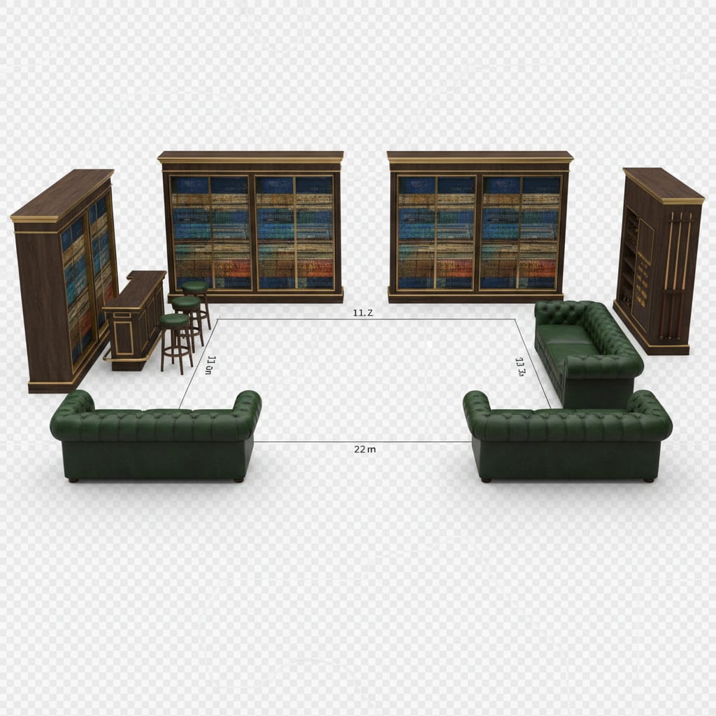Image: Isolated sparse axis-aligned library lounge furnit