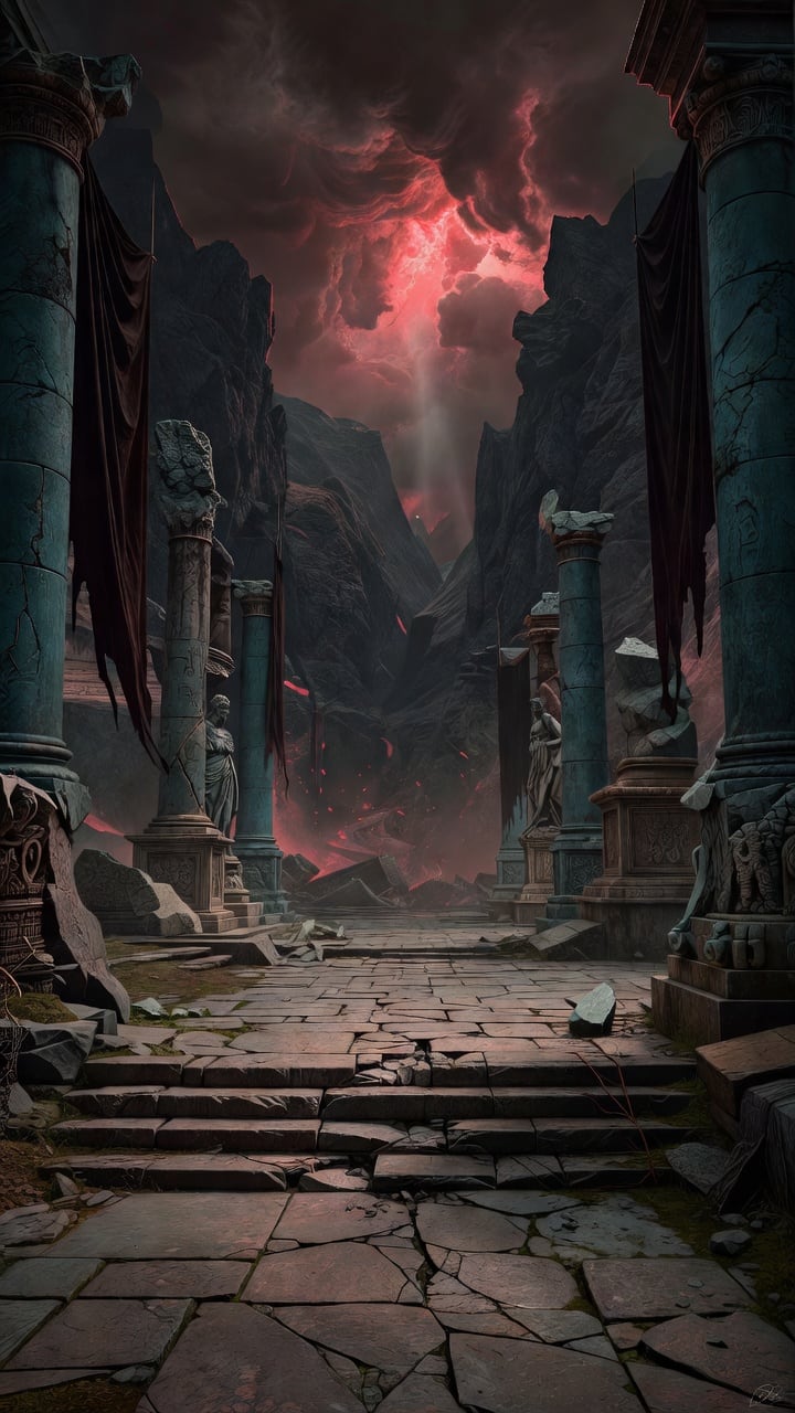 Ruined Stone Avenue - Crimson Storm Portrait