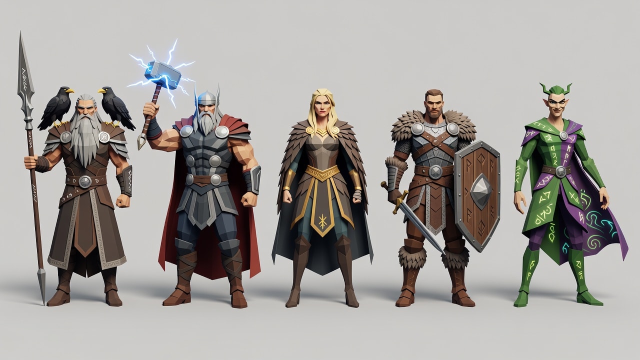Nordische RTS-Helden und Götter – Low-Poly-Konzeptbogen