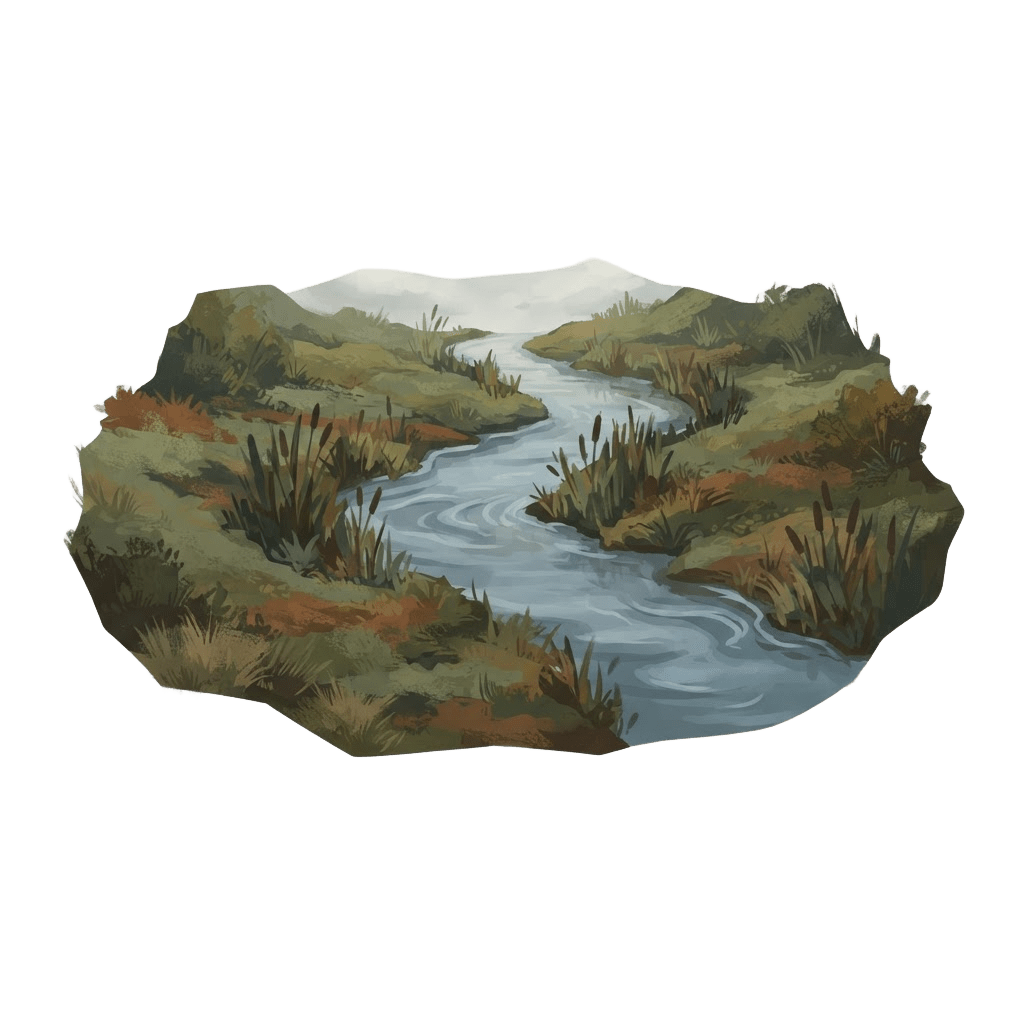 Image: A narrow river cutting across open ground, seen fr