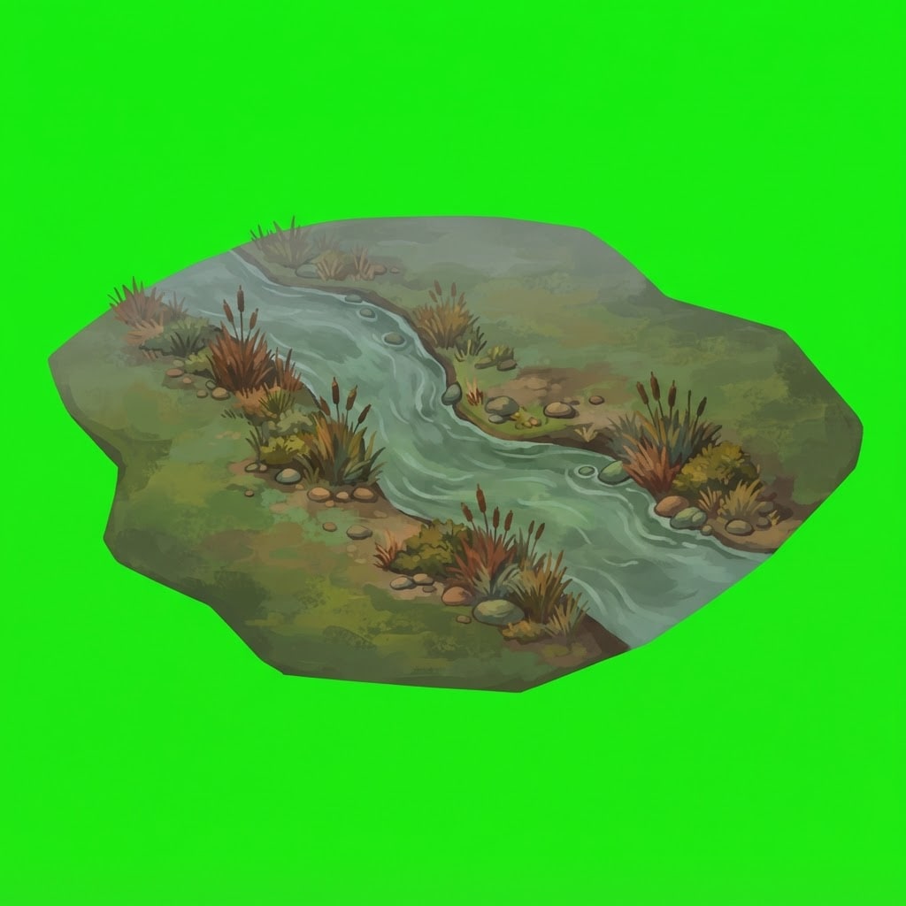 Image: A narrow river cutting across open ground, seen fr
