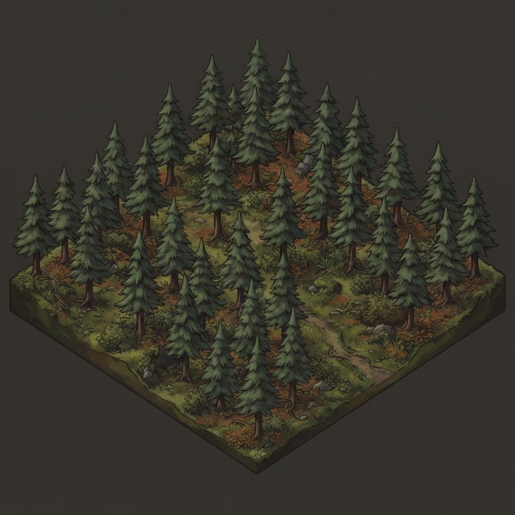 Image: Isometric 3/4 angled view of a dense pine forest,