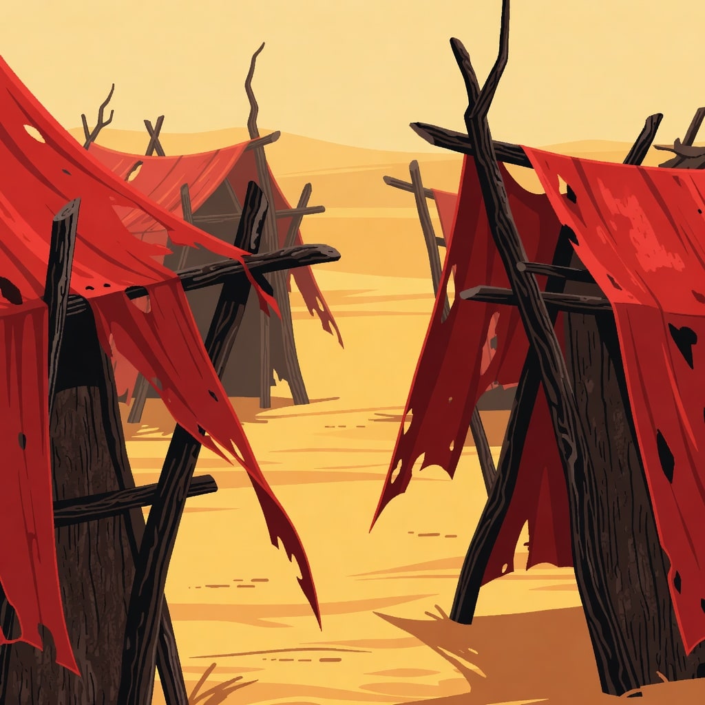Hut Details: Red Torn Cloth and Dark Tree-Wood Struts