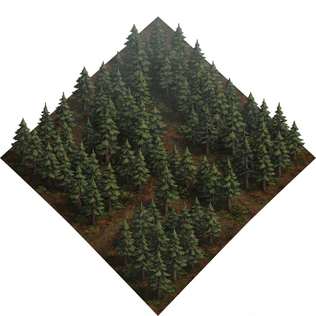 Image: Isometric game map tile of a dense pine forest, tr