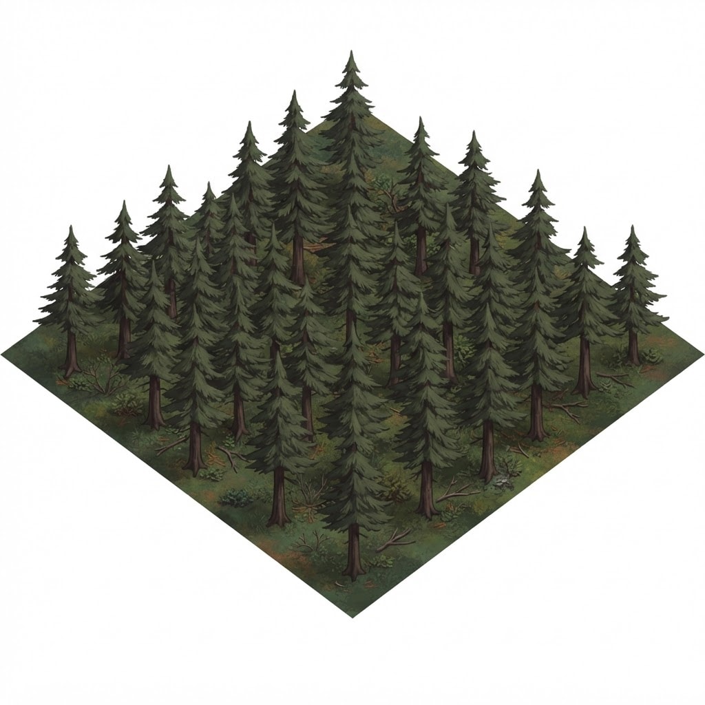 Image: Isometric game map tile of a dense pine forest, tr