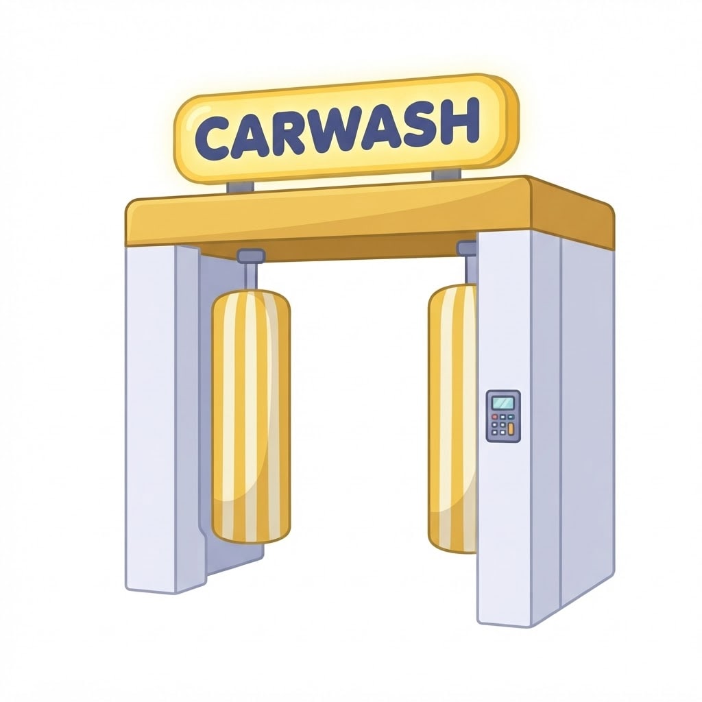Image: A compact open-frame automatic car wash arch, flat