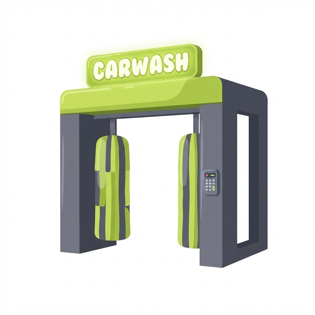 Image: A compact open-frame automatic car wash arch, flat