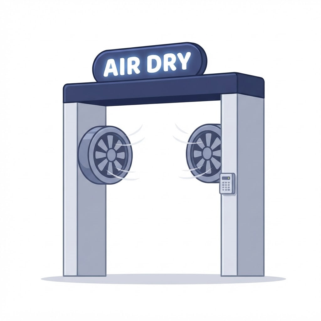 Image: A compact open-frame automatic car air-dryer arch,