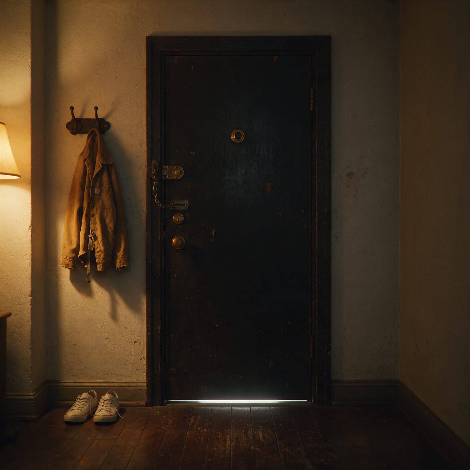 Image: Interior view of a small apartment entryway at nig