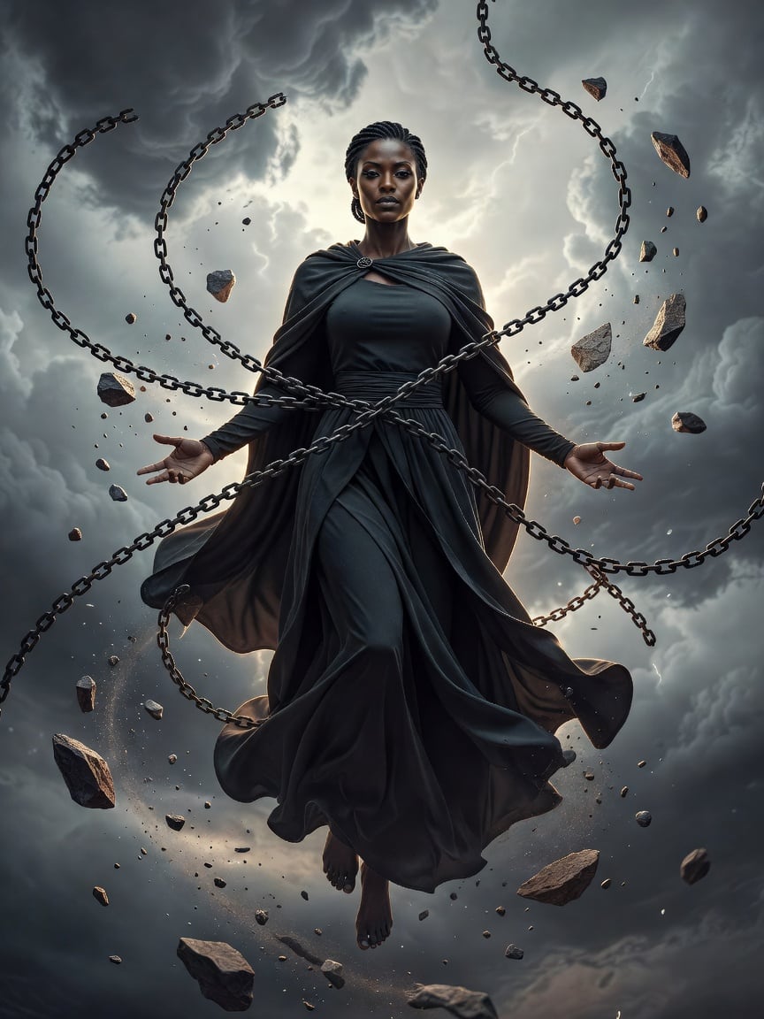 Next-Stage Chained Levitating Villain Full Body Portrait
