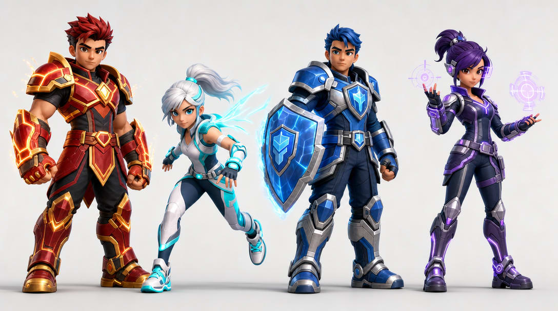 Four Champions 3D Character Concept Sheet