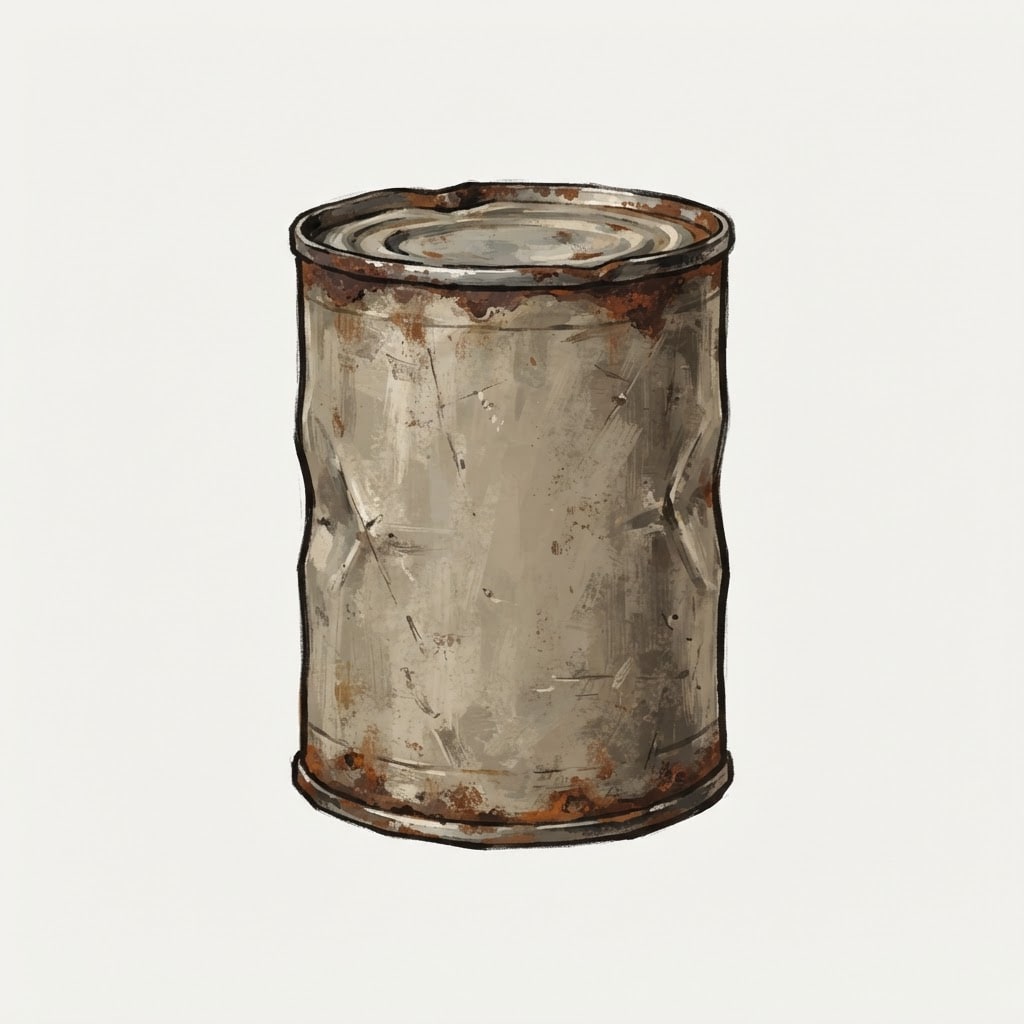 Image: A single dented tin can of preserved food, plain w