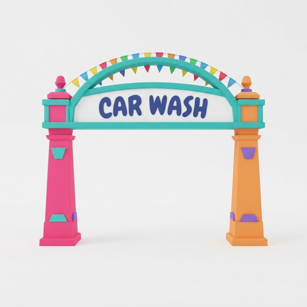 Image: A cartoon car wash entrance archway/gateway sign,