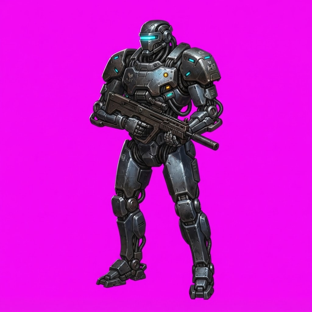 Image: Game asset sprite of a military combat android rob