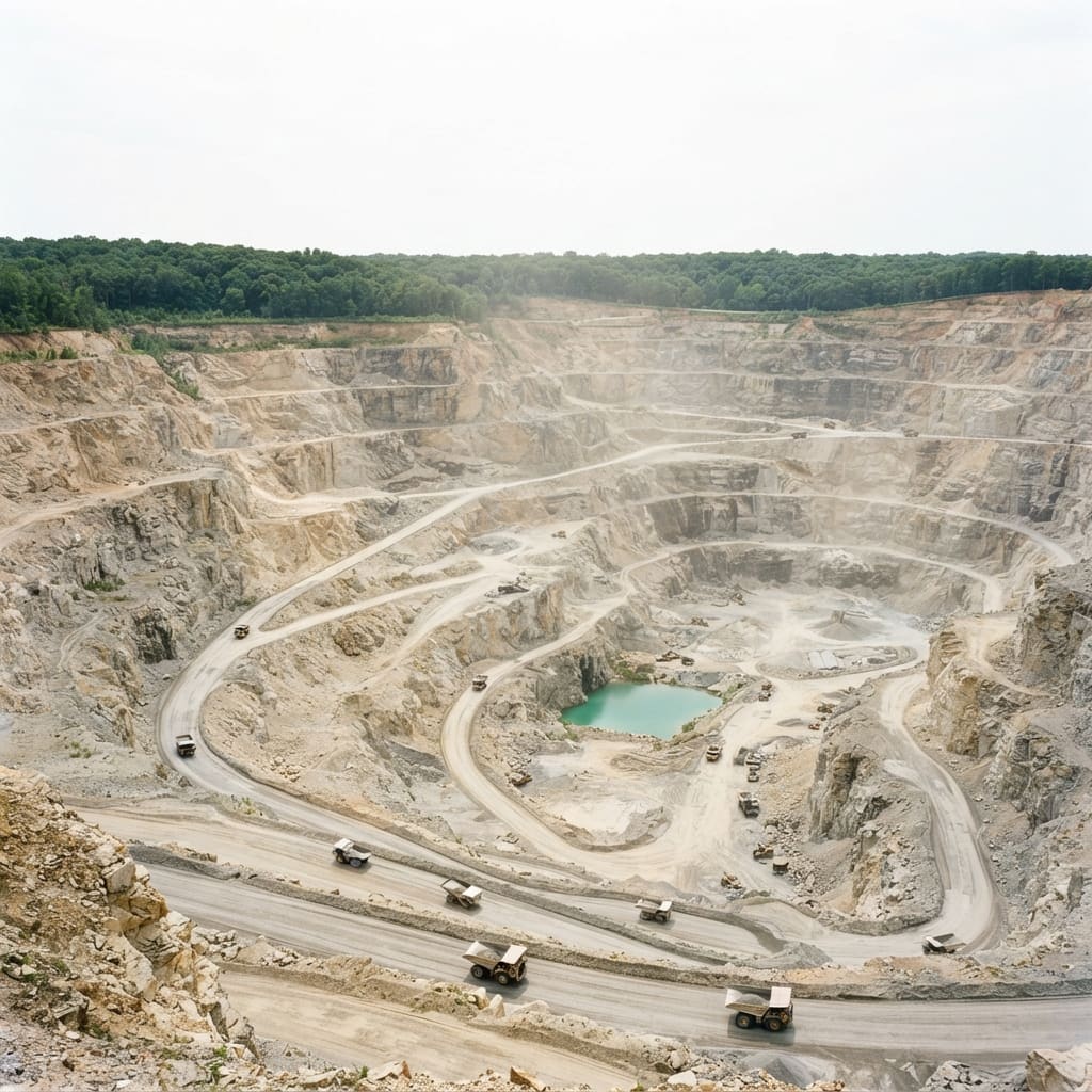 Image: A large open-pit limestone quarry photographed fro