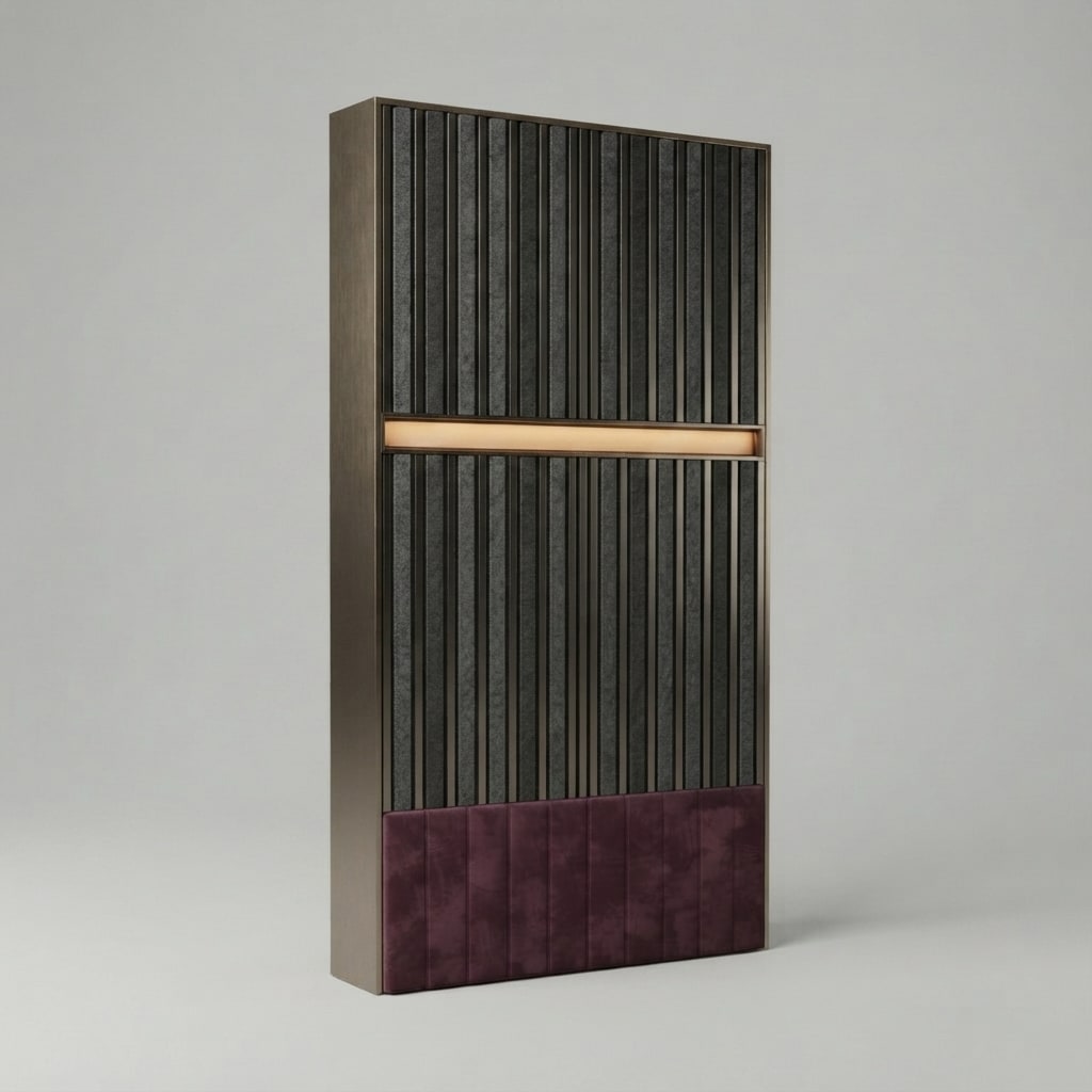 A single repeatable acoustic wall module for a sophisticated graphite concert lounge, target size 2.1 meters wide by 4.9 meters high by 0.28 meters deep. Altern