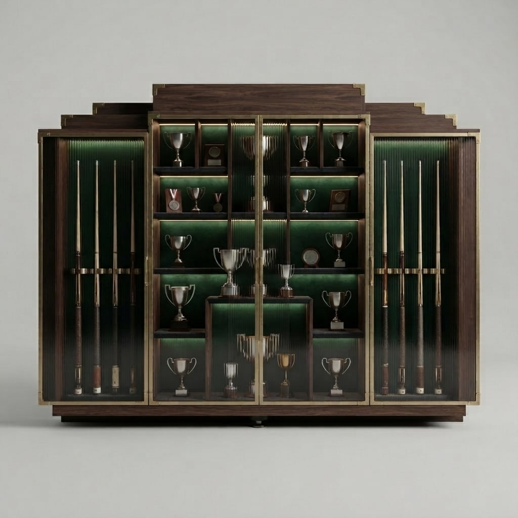 A single wall-mounted championship trophy and retired decorative cue gallery for an exclusive contemporary billiards club, target size 4.2 meters wide by 3.7 me
